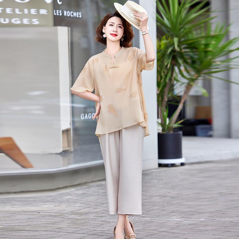 Mother's 2025 Summer Set: Stylish National Style Loose T-shirt & Small Shirt Two-Piece for Middle-Aged and Elderly Women.