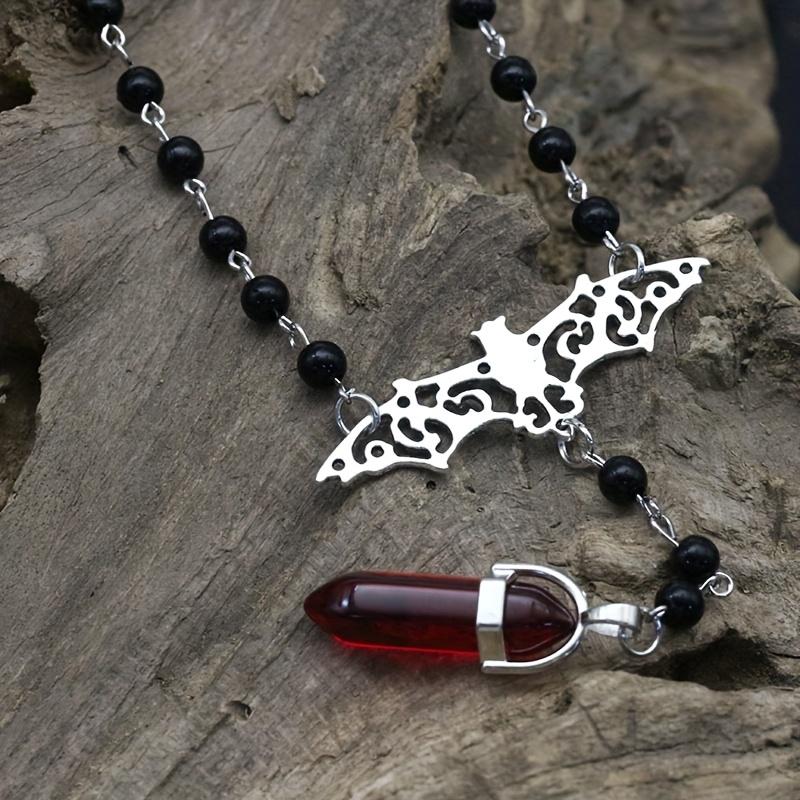Hexagonal Pillar Bat Hollow Zinc Alloy Pendant Black Beaded Choker Gothic Elegant Jewelry Necklace Party Neck Accessories for Women