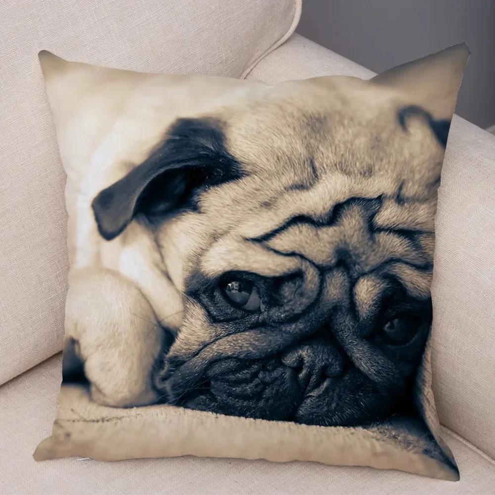 VIKAMA Nordic-Style Adorable Dog Cushion Cover Pug Print Cushion Cover Bedroom Living Room Sofa Decorative Cushion Cover