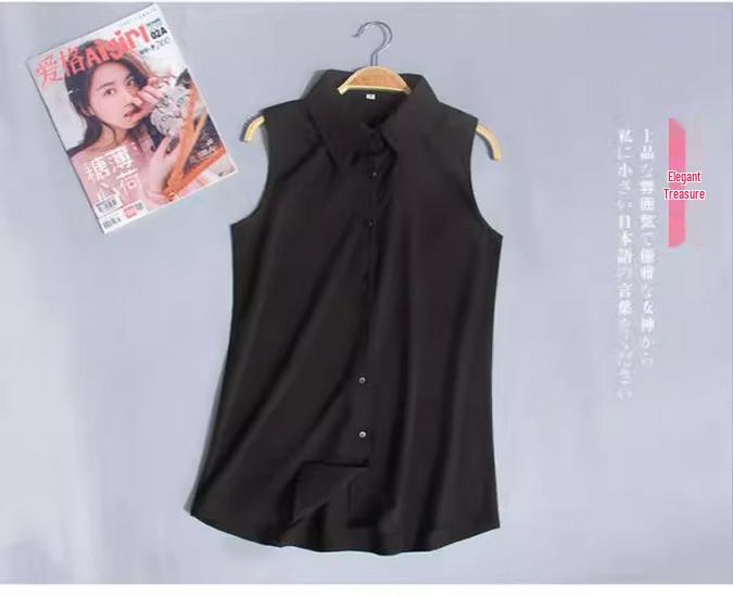 Women's Korean Style Summer Sleeveless Chiffon Vest Top with Lapel - White
