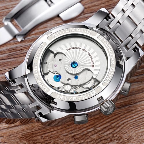 CARNIVAL 8759G Men's Analog Mechanical Automatic Watch (Navy/Silver/Metal) with Calendar (Date), Chronograph-Style Week/Month Display, and Tourbillon-