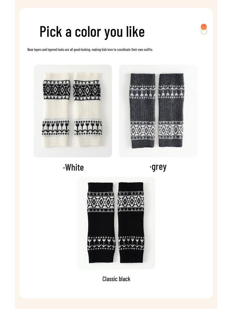 Girls' Jacquard Retro Wool Leg Warmers - Thick, Warm Mid-Calf Socks for Autumn & Winter.
