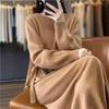 Elegant 2025 Autumn/Winter Solid Knit Cinched-Waist Long Dress for Women
