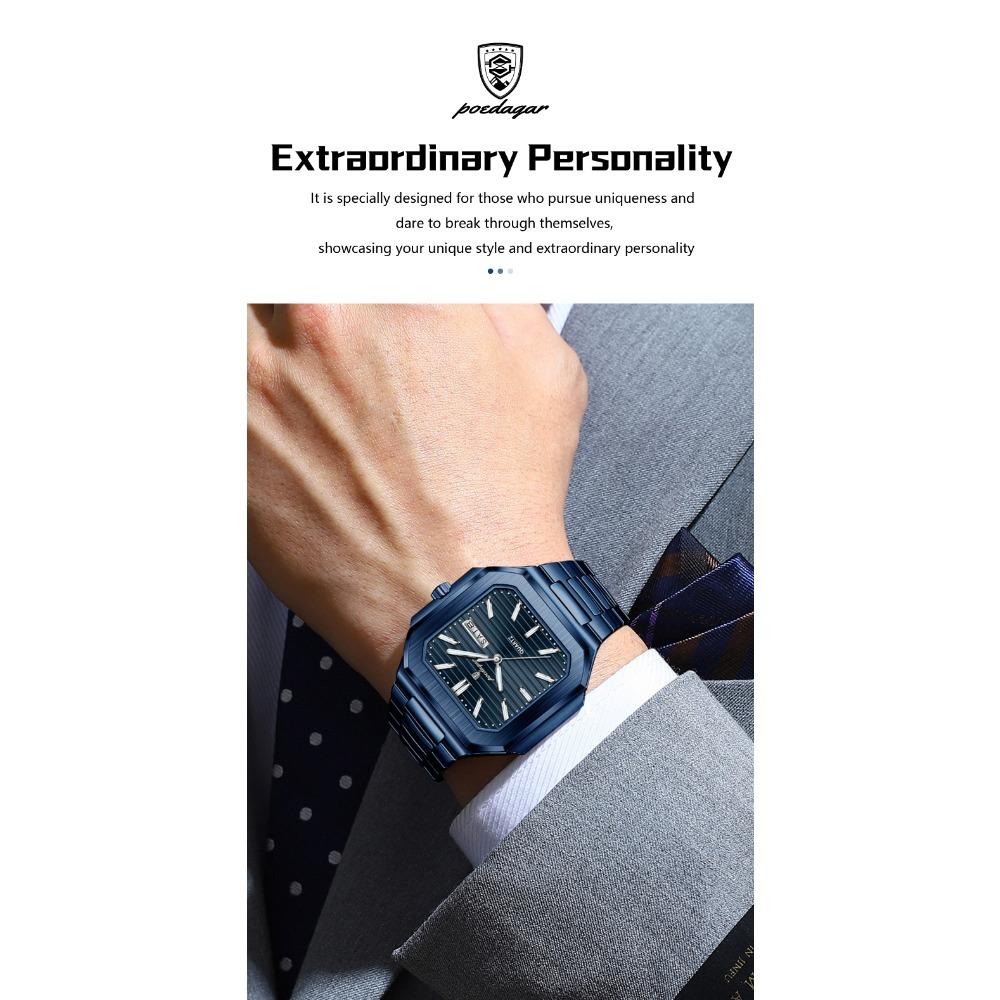 POEDAGAR Luxury Watch Waterproof Luminous Date Week Quartz Men's Watches Stainless Steel Fashion Square Men Watch