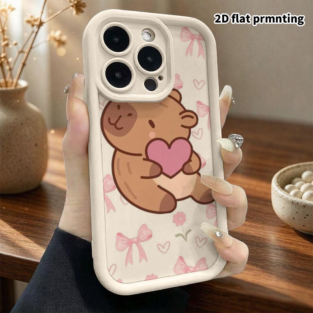 Phone Case: 2D Flat Design Suitable for iPhone 18 17 16 15 14 13 Pro Step Protection Case, Featuring a Cute Capybara Hugging a Heart, Christmas and Ha