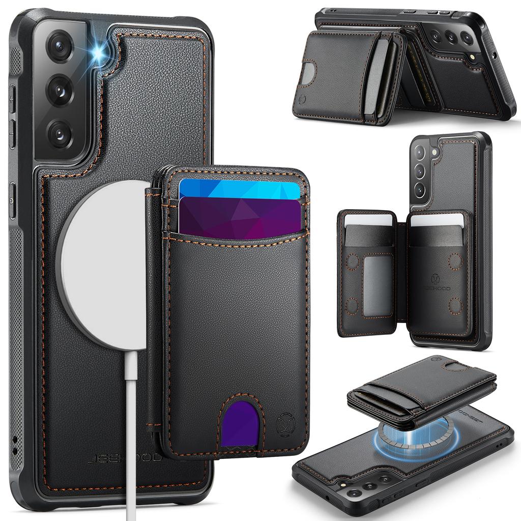 For Samsung Galaxy S22 5G Magnetic Case JEEHOOD J10 Leather Back Phone Cover with Detachable Card Holder Kickstand