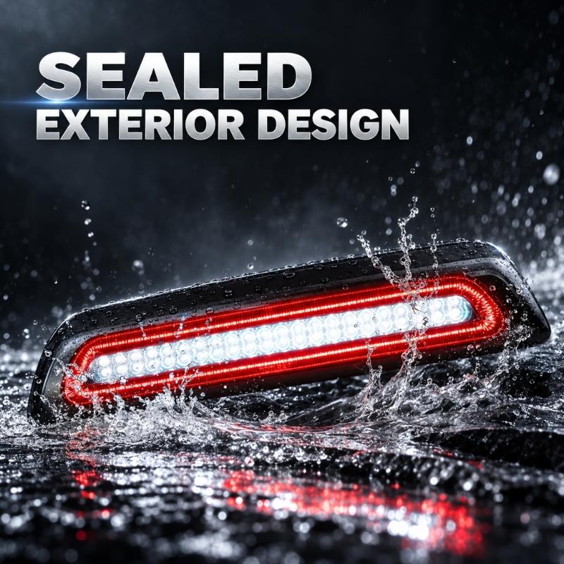 12V Rear Brake Signal Light, 5W LED Design with Matching Mounting Clips, Black PC Housing, Smoked Lens, and High Mounted Placement