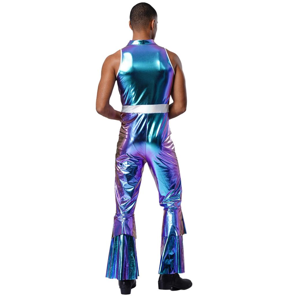 Mens 70s Jumpsuit Shiny Metallic Lapel Collar Sleeveless High Waist Flared Pants Disco Dance Singer Outfit