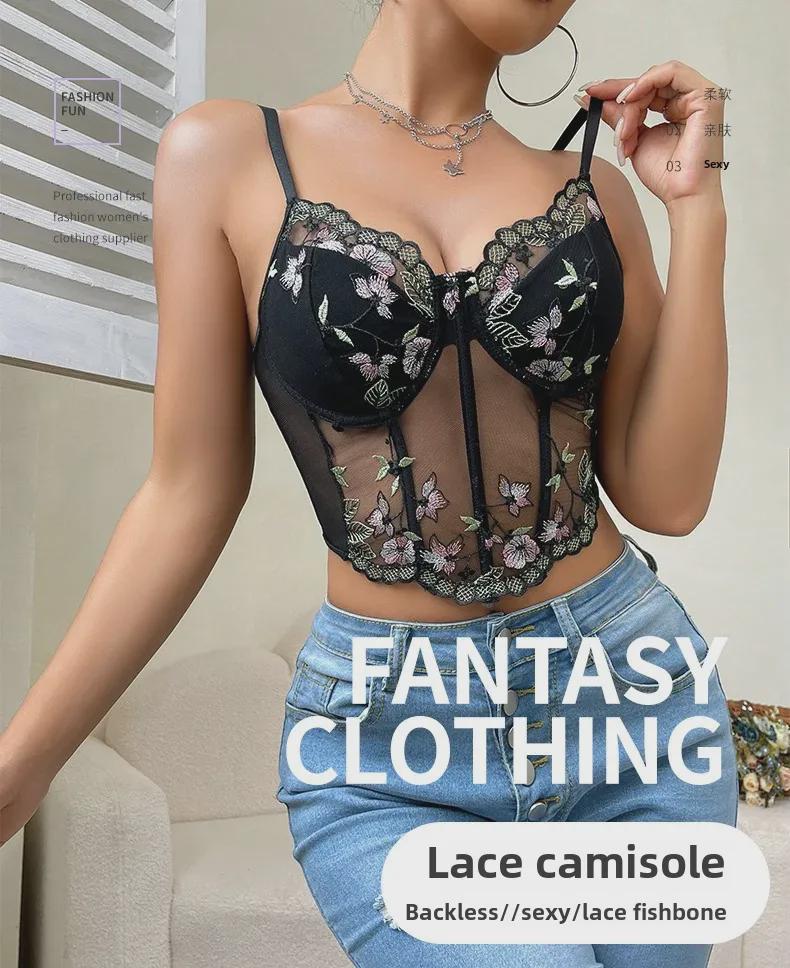 Colorblock Embroidered Mesh Bandeau Corset Tank Top