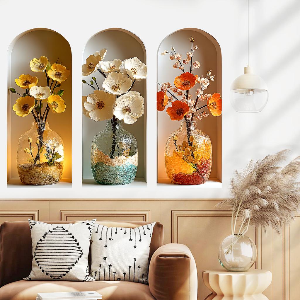 Realistic Three-Color Glass Vase Wall Sticker for Study Living Room Bedroom Dining Room Background Decor