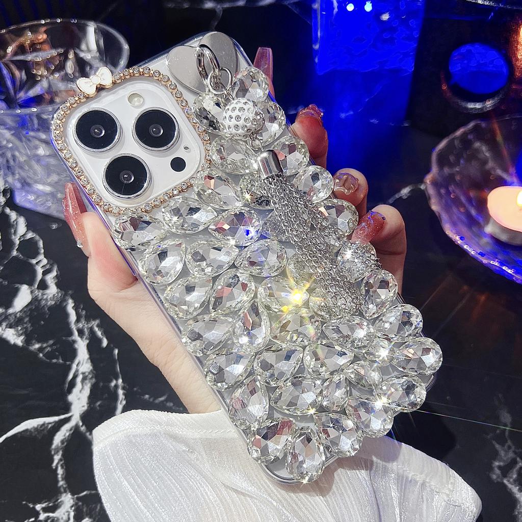 For iPhone 16 Pro Case with Tassel Glass Rhinestone Decor TPU Phone Back Cover