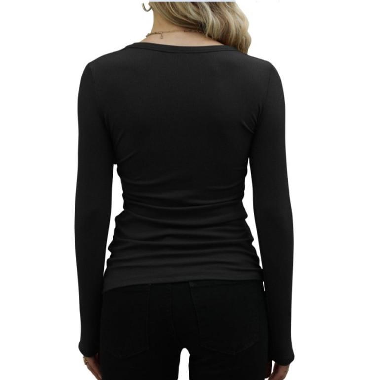 2024 Women's Casual Solid Color Long Sleeve Round Neck T-shirt - European & American Spring/Autumn Style