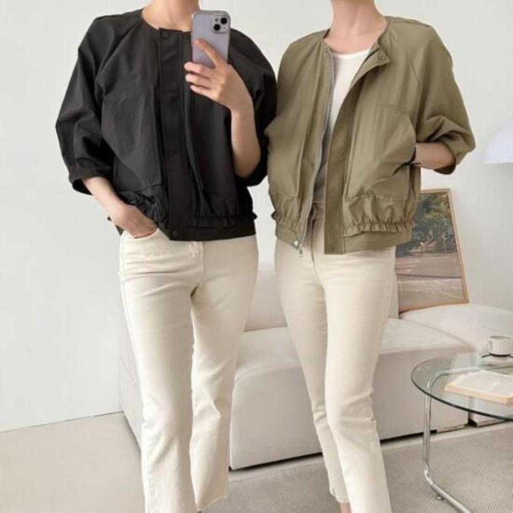 New Arrivals Open Run Women Pintuck Shirring Round Neck Short Sleeve Anorak