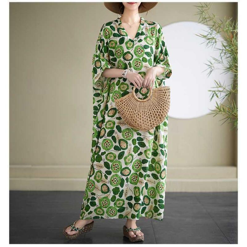 2025 Summer Floral Vacation Style Travel V-Neck Vintage Long Flesh Covering Dresses