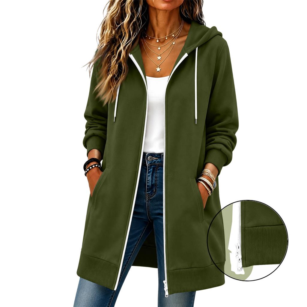 Veste longue à capuche pour femme avec double fermeture éclair, manches longues et poches