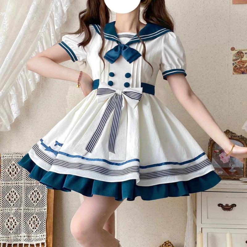 Japanese Style Sweet Cute Sailor Collar Bubble Short Sleeve High Waist Bow A-line Striped Kawaii Lolita Mini Dress Women Summer