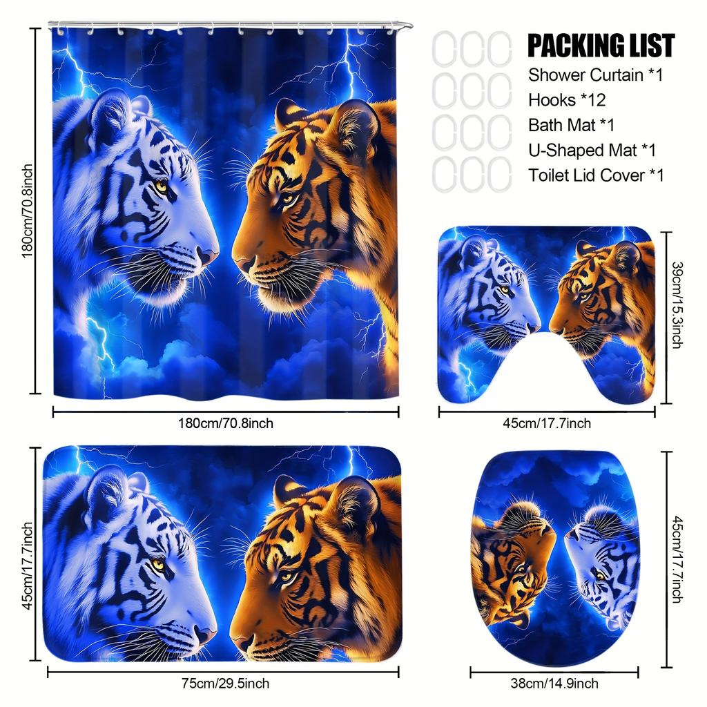 4Pcs Multicolor Background Shower Curtain Set with Non-Slip Bath Mat, Toilet Lid Cover, Contour Rug & 12 Hooks, Bathroom Decor