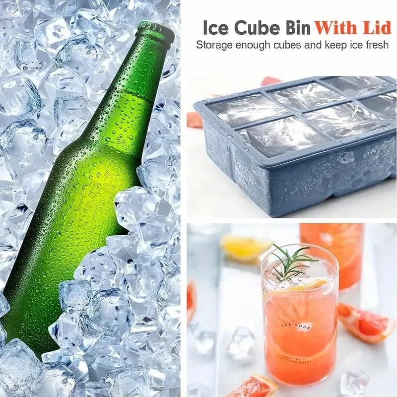 Large Ice Cube Tray with Lid 6 Cavities Flexible Food Grade Stackable Square Silicone Ice Cube Mold for Ice Drinks Whiskey