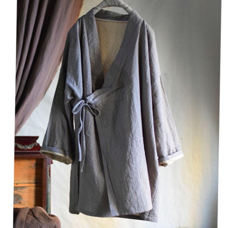 

Johnature Women Vintage Polka Dot Long Sleeve Chinese Style Spring Autumn Belt Coats One Size серый