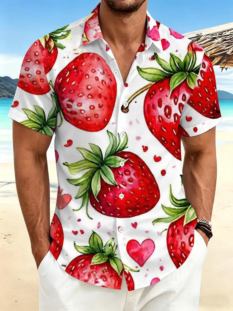 Plus Size Men'S Multi-Button Short Sleeve Shirt Strawberry Pattern Casual Stand Collar Short Sleeve Shirt Large Size Red Heart Embellishment Print