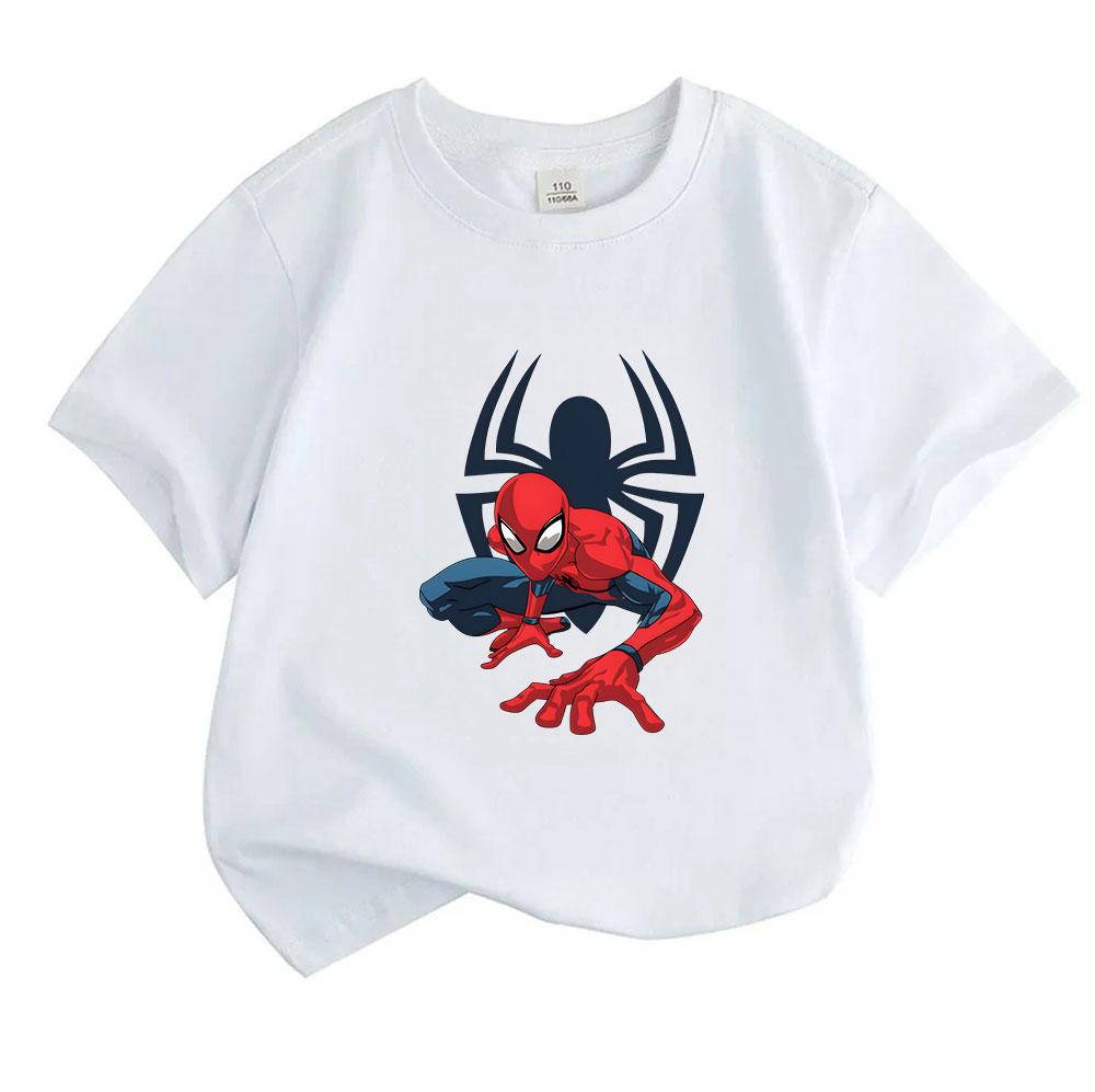 Kids Boys Girls Crew Neck Short Sleeve T-Shirt, 100% Cotton Casual Tees, Cool Super Hero Spider Print Soft Breathable Summer Tops for Daily Play Outdo