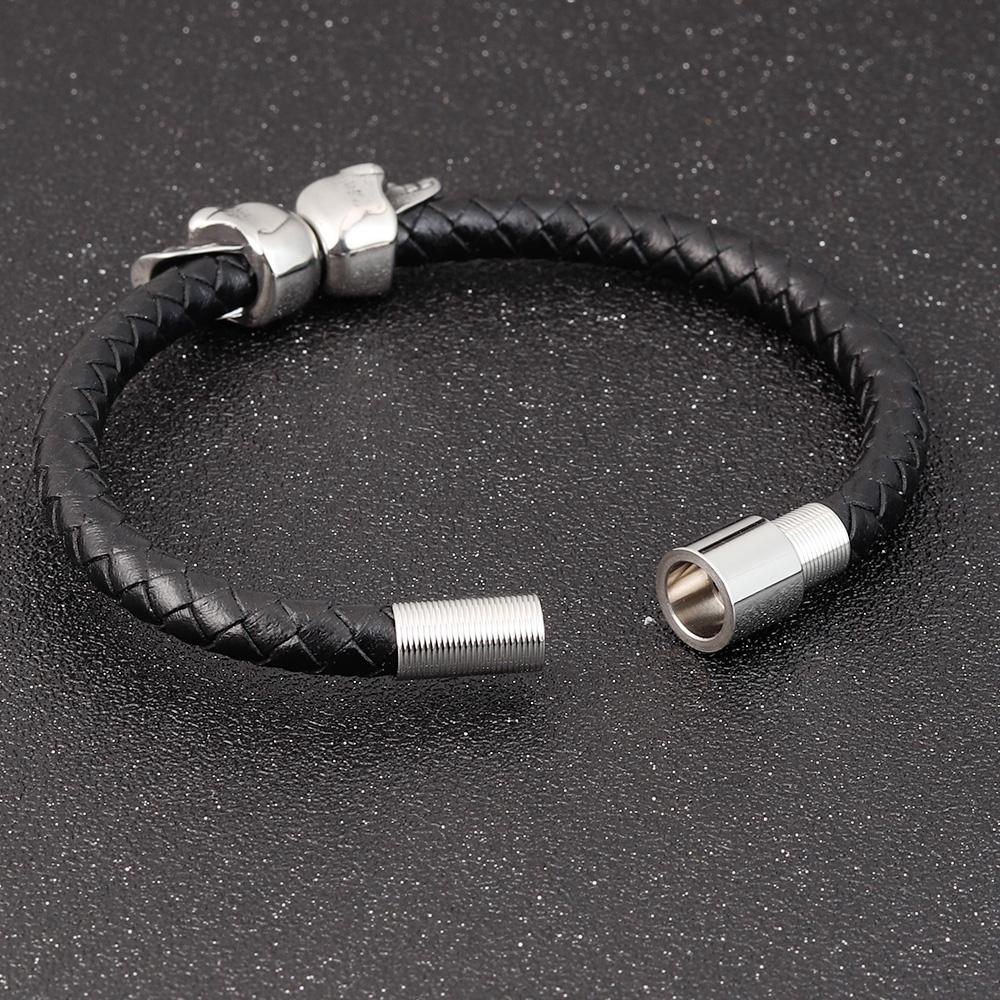 Men's Black Braided Leather Bracelet with Stainless Steel Skull Design Cool Wristband