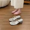 Fashion Square Heel Slippers Soft Shoes Woman 2025 Rubber Flip Flops String Bead Pantofle Luxury Slides Block Comfort Hawaiian New