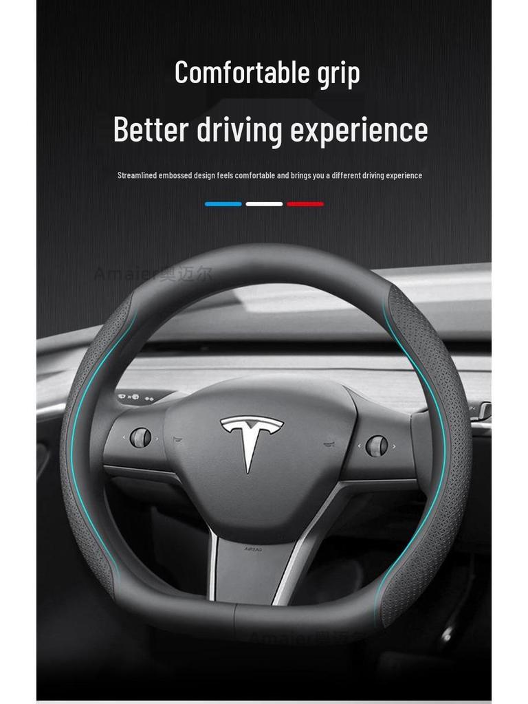 Tesla Steering Wheel Cover - Genuine Leather, Ultra-thin for Model 3 & Model Y