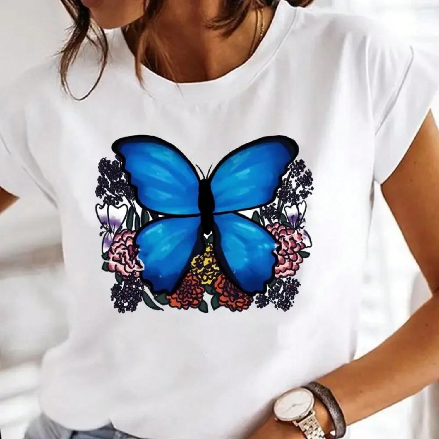 Ladies Graphic T Shirt unisex Print Clothes 90s New Style Female Tops Tee Fashion Print Cartoon O-Neck Flower Butterfly T Shirt S разноцветный