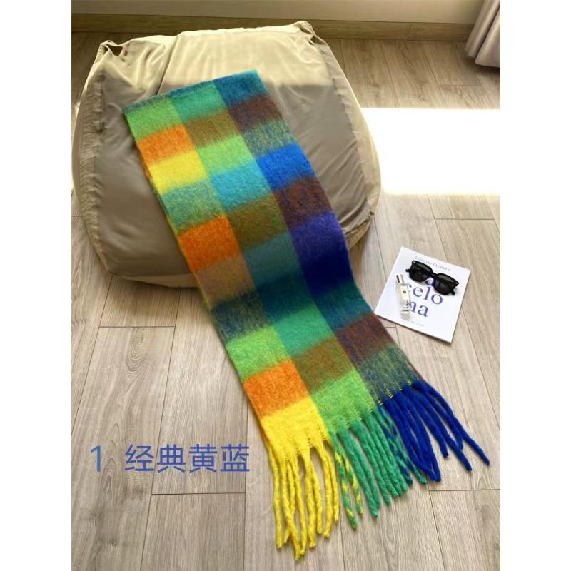 Autumn and winter rainbow plaid warm scarf sweet soft waxy long mohair fringed scarf retro