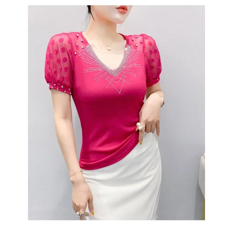 Summer V Neck Short Sleeved Women's T Shirt Fashion Sexy Diamond Mesh Tees Lace