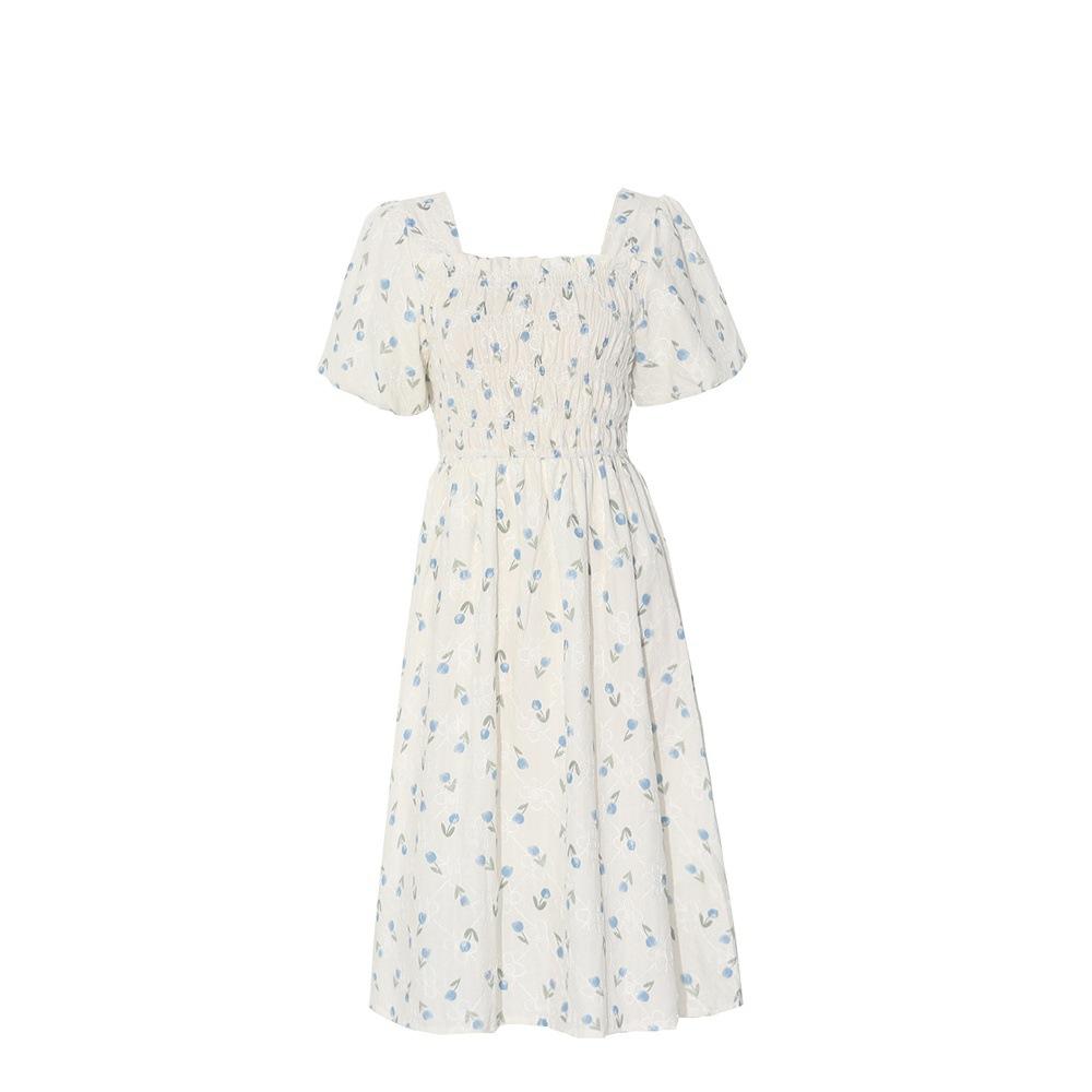 Small high-end bubble sleeves square neck floral dress small fresh and sweet casual dress women's summer fashion new