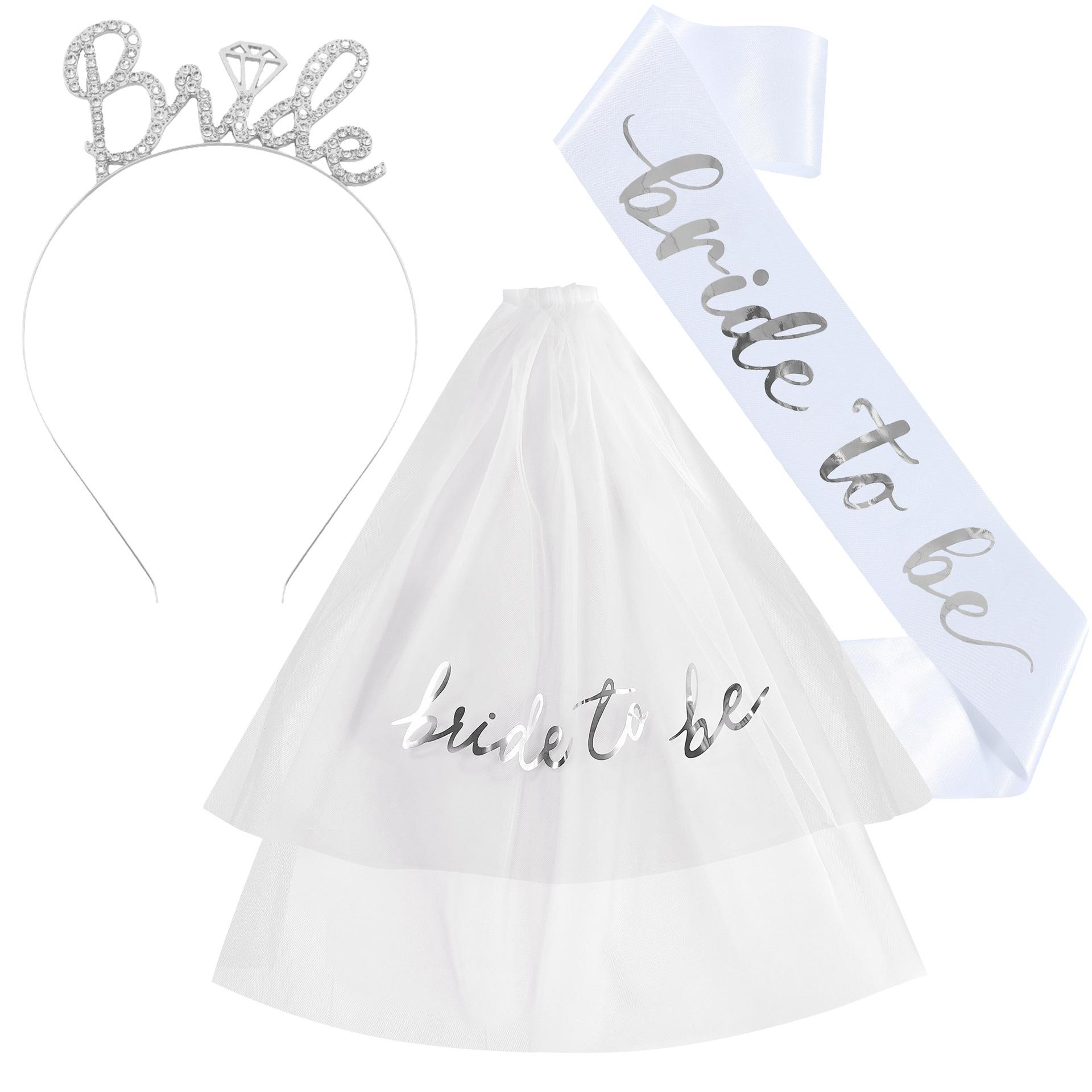 European Bachelorette Party Crown & Veil Set: Bride-to-Be Three-Piece Headband. One Size
