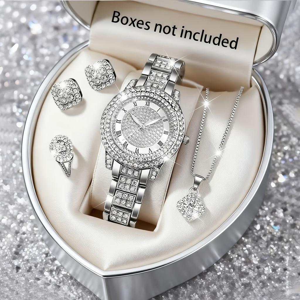 5Pcs Ladies Watch Set, Stylish Casual Ladies Quartz Watch And Necklace Ring Earrings Jewelry Set