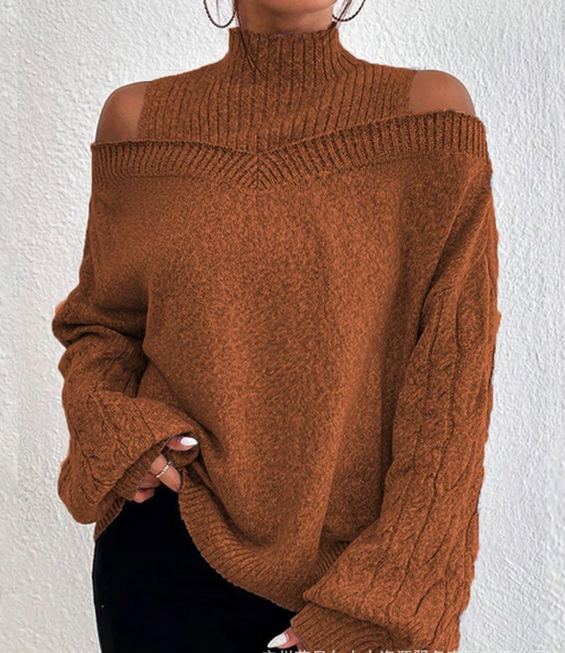 Open-shoulder Loose Semi-turtleneck Sweater with Lantern Sleeves