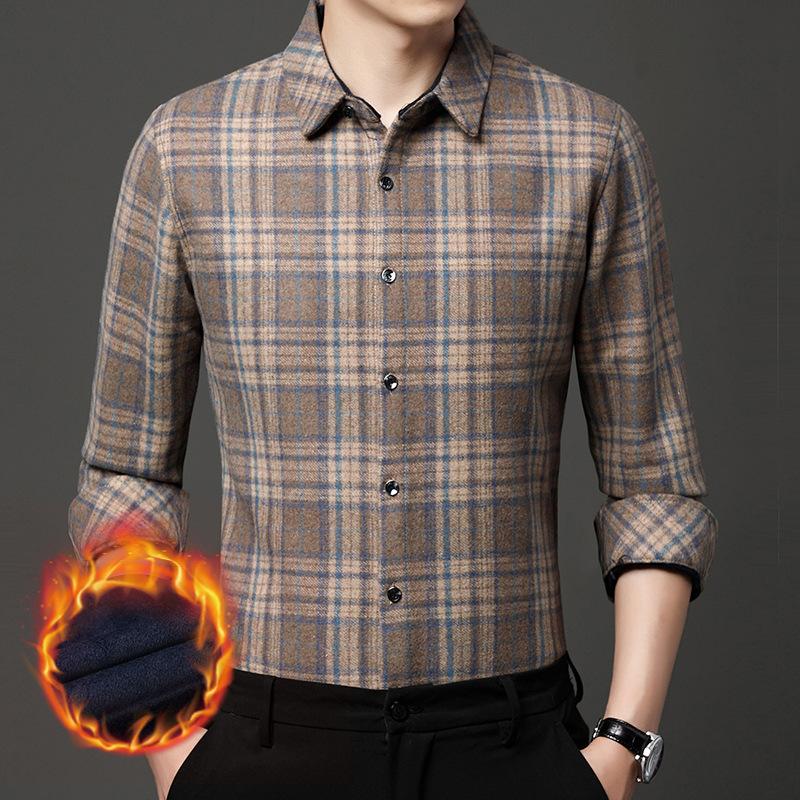 Autumn and Winter New Style Woolen Men's Velvet Shirt Middle-aged Casual Thickened Plaid Warm Shirt Casual Men's Clothing