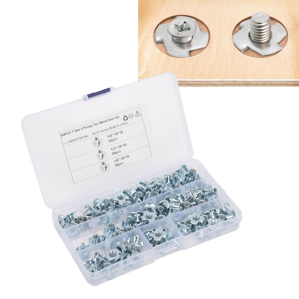 80 Pcs T Nut 4 Prong Tee Blind Nuts Kit 1/4 Inch Carbon Steel T Nut Assortment Kit for RV Electronic
