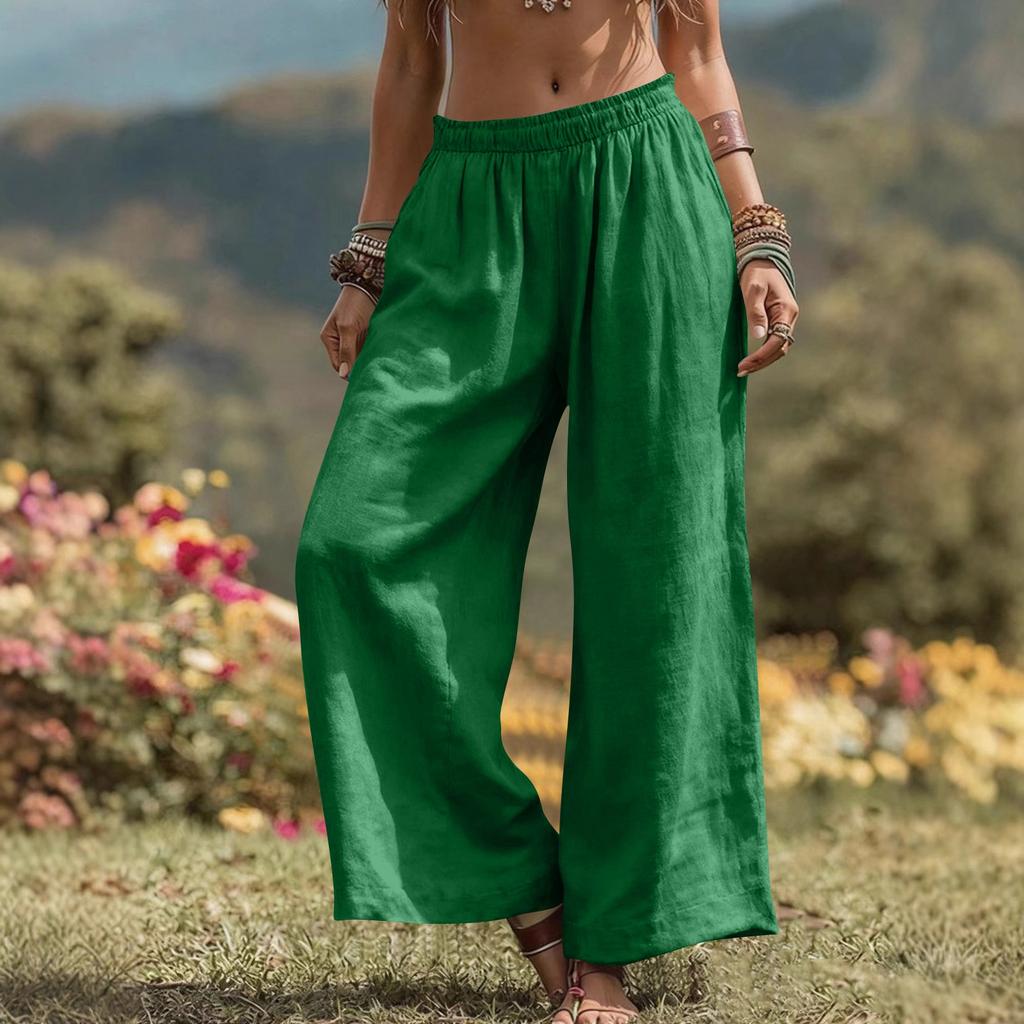 Women's -color Cotton And Linen Wide-leg Pants With Pockets