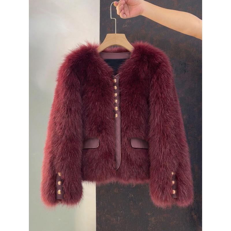 Dameskorte Nepvos Bontjas Leerafwerking Knopen Warm Winterjack