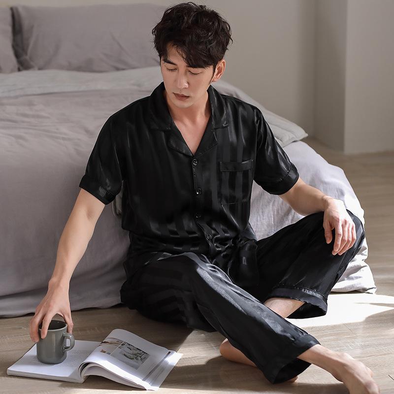 Men's pajamas, ice silk summer thin short-sleeved trousers set, young men's summer large-size loose loungewear set