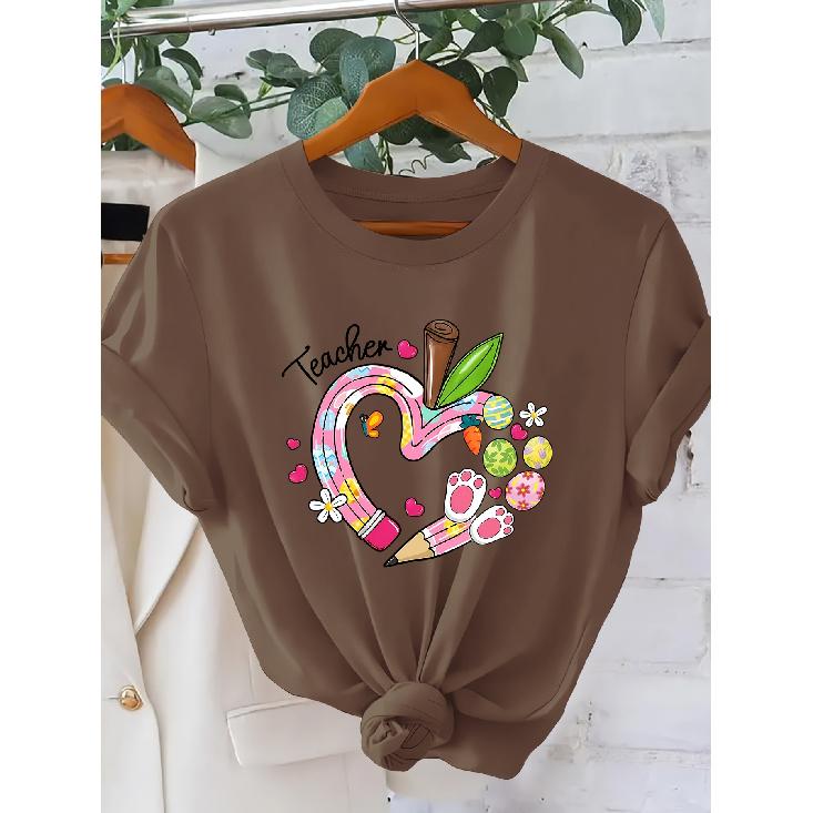 Women's Teacher Heart-shaped pencil short sleeve shirt One-piece Easter outfit T Shirt Teacher's Outfit for Holiday Outings 2026 New Spring and