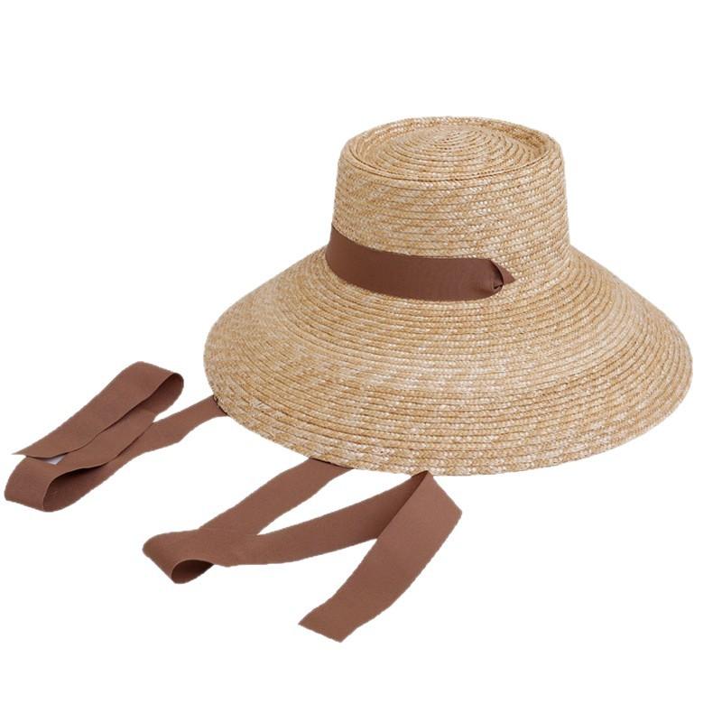 Neuer Trendiger Damen Strohhut mit breiter Krempe und Kinnband Sommer-Sonnenhüte UV-Sonnenschutz Strand-Strohhüte Wind-Lanyard Reisehüte