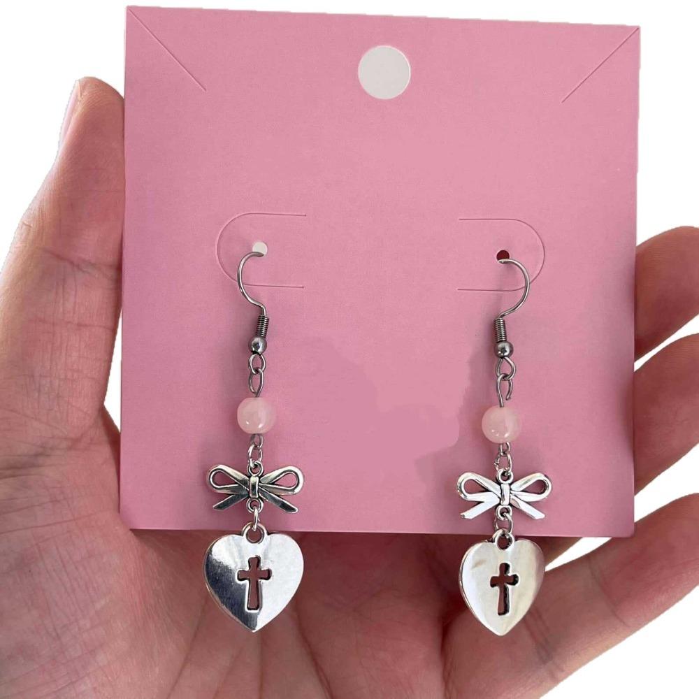 Gothic Romantic Pink Beads Sliver Color Bowknot Hollow Out Cross-shaped Heart Pendant Dangle Earrings for Women Y2k Jewelry Gift