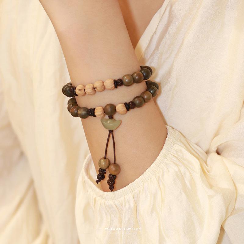 Huaixuwei late green sandalwood bracelet for women, vintage couple's bracelet, natural sandalwood scent, Buddhist bead jewelry, antique-style gift