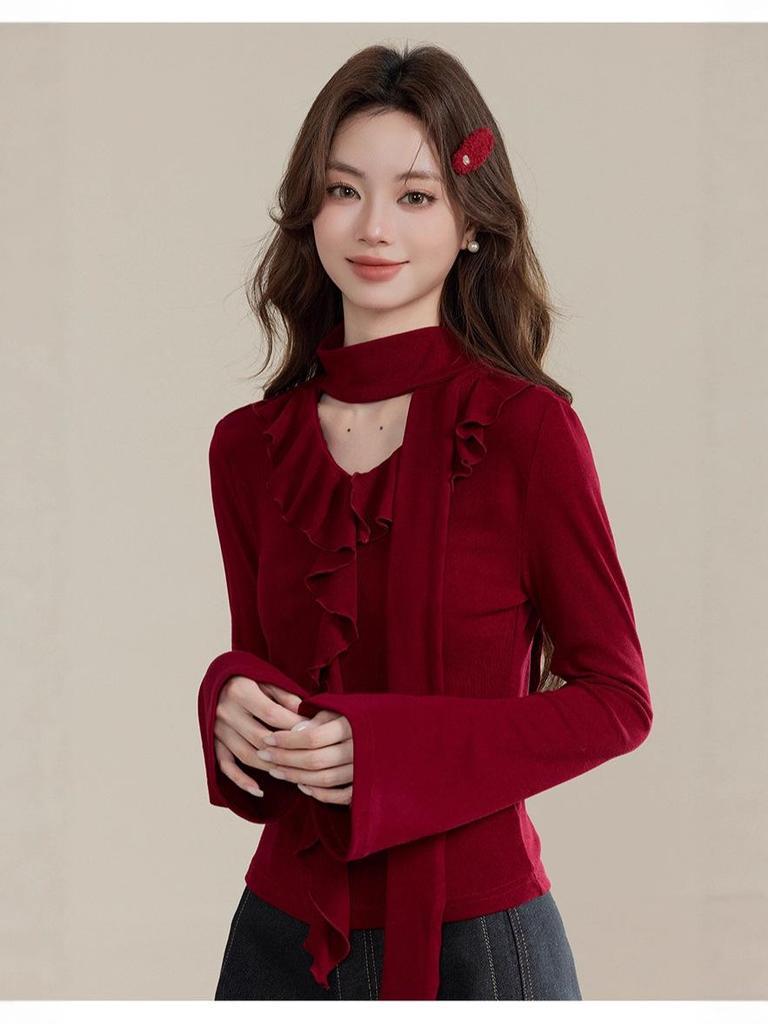 Retro Spicy Girl Ruffle Ribbon Knit Top: Autumn Fashion Slimming Design with Bell Sleeves
