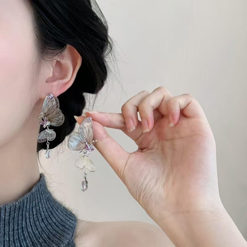 Fioletowe Kolorowe Cyrkoniowe Kolczyki z Frędzlami w Kształcie Pustego Motyla Dla Kobiet Modny Codzienny Dodatek Biżuteria Imprezowa Prezenty Urodzinowe