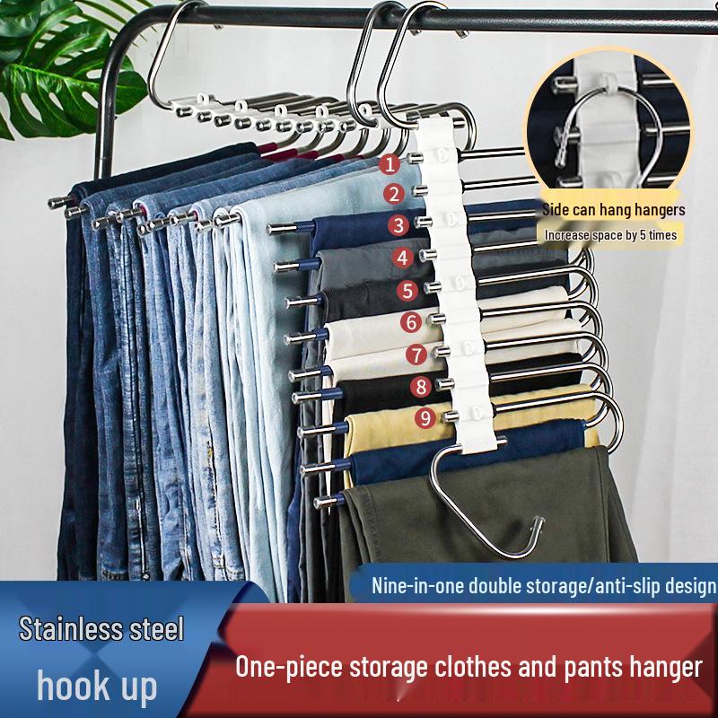 Multi-Layer Folding Telescopic Pants Hanger with Clips - Stainless Steel Wardrobe Storage Organizer 5-layer folding rack