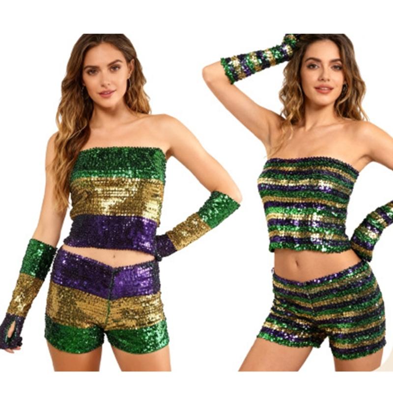 Mardis Gras Costume Accessories Sequins Tube Top Shorts Arm Sleeves Halloween Cosplay Costume for Carnival Masquerades