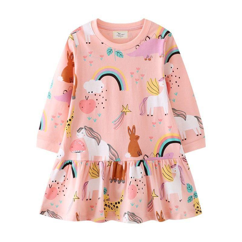 Foreign Trade Children's Clothing Pink Unicorn Girls' Dress Autum New Style Kidsren's Pure Cotton Long-Sleeved Princess Dress for Babies