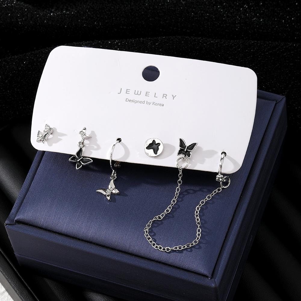 2024 Quasten-Ohrringe, 5-teiliges Set, schwarz, elegante Ohrringe, weiße Tropfkette, Schmetterlings-Kartenanzug, 5-teilig, weißer Schmuck, Geschenk, hunderte Nachtclub-Accessoires